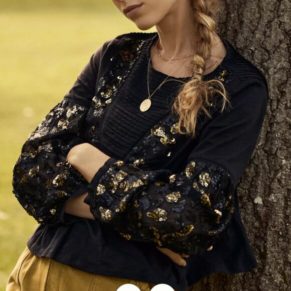 ANTHROPOLOGIE black and gold Neale sequined peplum top - Picture 11 of 13